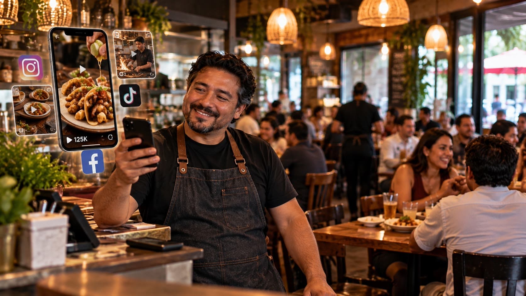 Restaurant owner in a full dining room reviewing the social content TRUEMKT produces for his restaurant